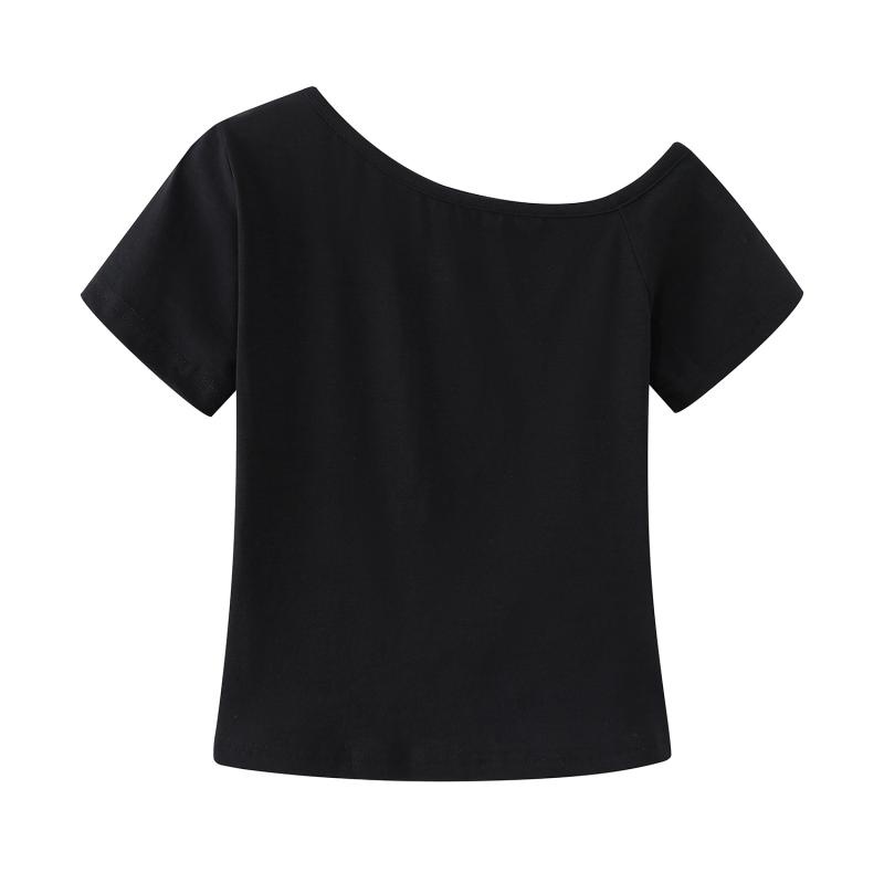 時尚黑色斜肩短袖T恤 - 舒適透氣，展現個性魅力 - iGift 香港女士服裝