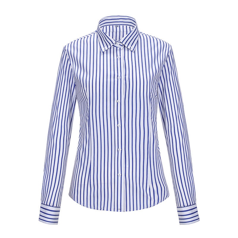 精緻高棉寬條紋長袖女裝恤衫，商務休閒完美結合 - iGift 香港女士服裝
