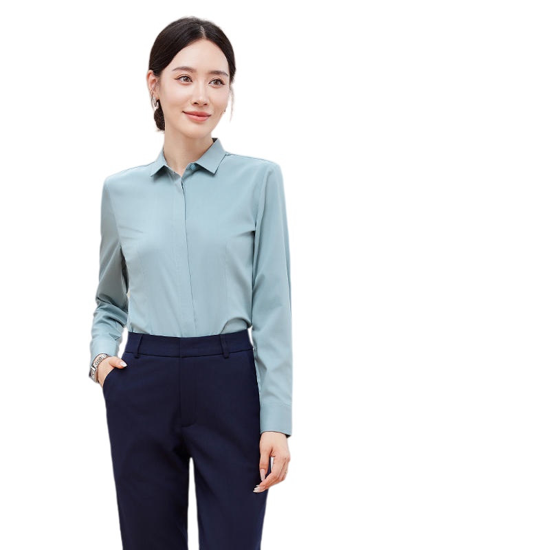 豆綠清爽桑蠶絲長袖女士恤衫：輕盈透氣，展現專業優雅，商務休閒皆宜 - iGift 香港女士服裝