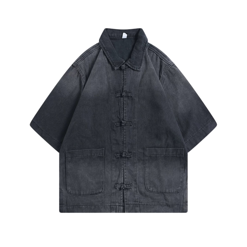 香港訂製復古中式盤扣短袖牛仔褸 - 個性工裝潮服企服團體制服