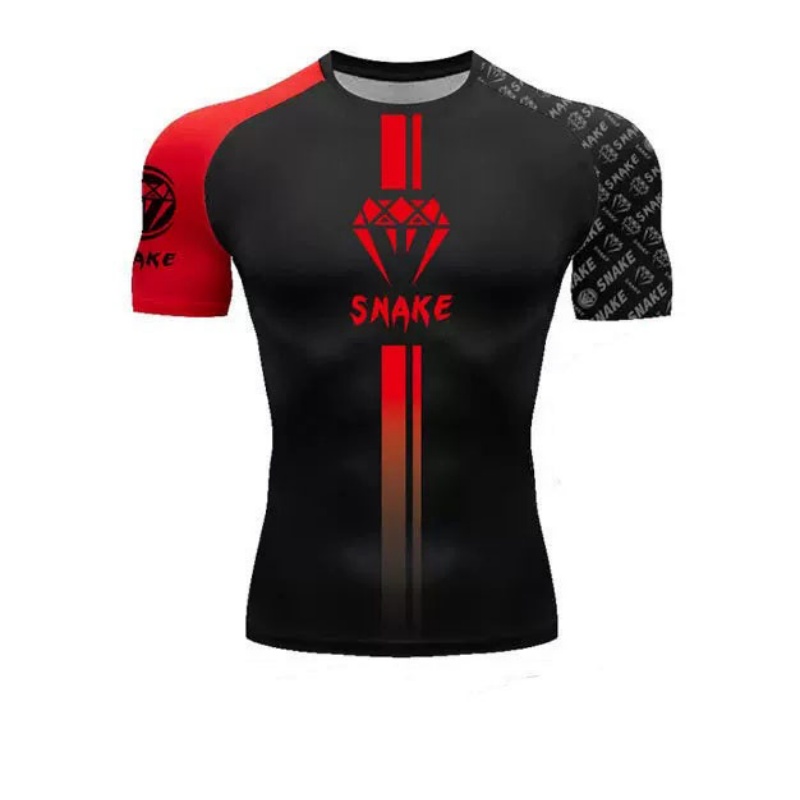 香港泰拳服及拳擊服訂造 - 黑紅色SNAKE標誌高彈修身訓練短袖衣