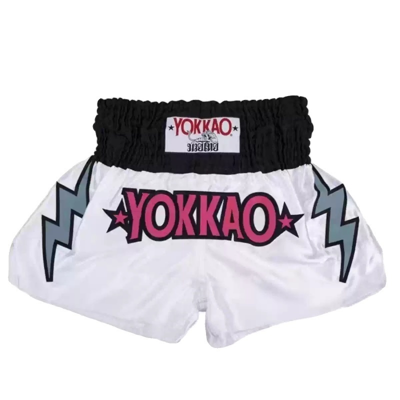 Front view of the black and white lightning style Muay Thai shorts