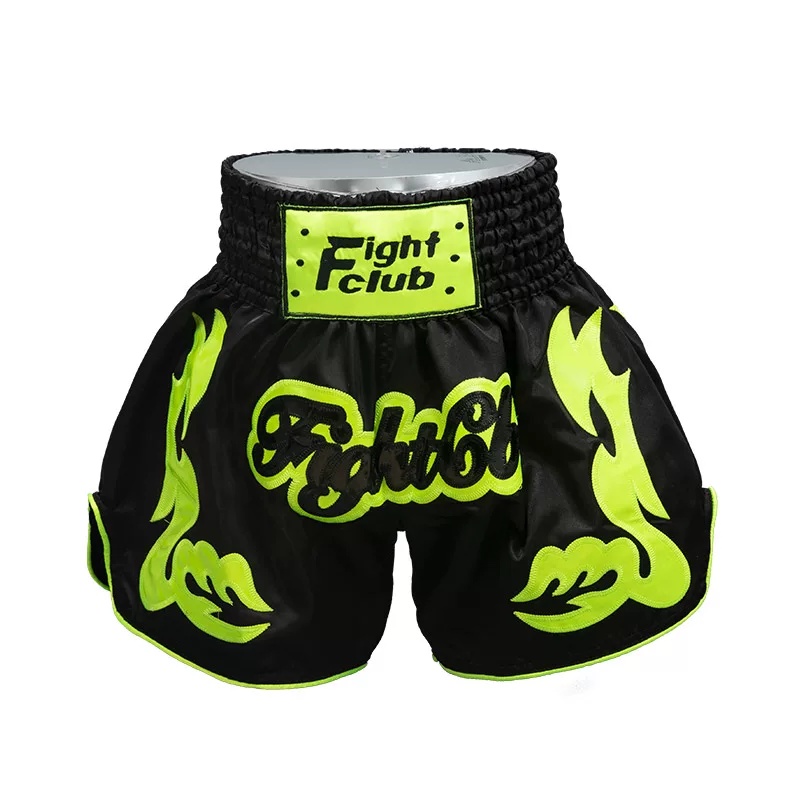 Custom Black and Neon Green Fight Club 3D Embroidered Muay Thai Shorts Design