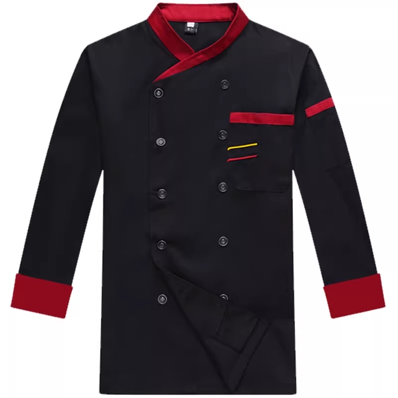 專業黑紅撞色長袖廚師服，透氣耐磨，展現型格主廚風範