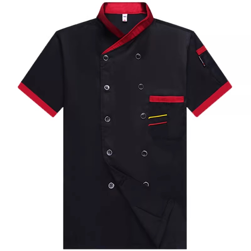 廚師短袖制服：黑紅撞色設計，透氣耐磨，適用於各式餐廳、酒店及烘焙坊