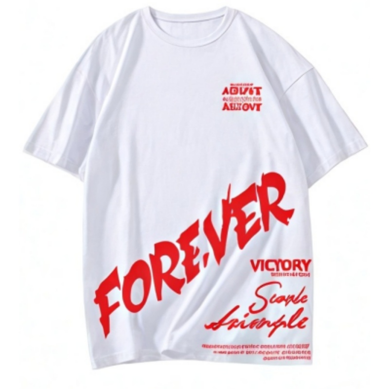 一件白色熱昇華印花T恤，上面印有紅色的「FOREVER」、「VICTORY」及其他文字設計。
