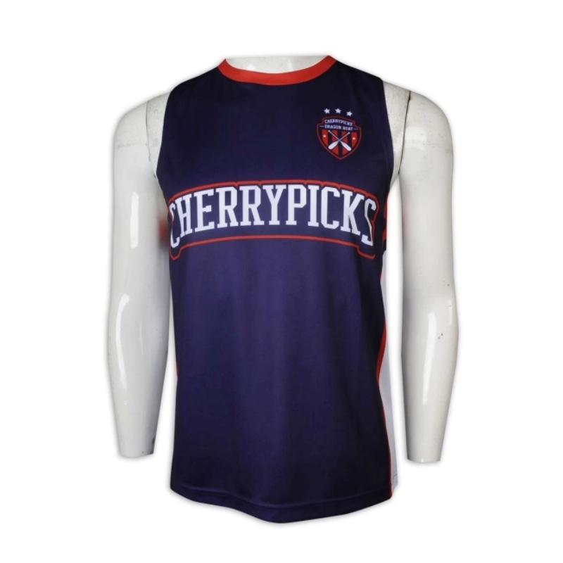 身穿「CHERRYPICKS DRAGON BOAT」標誌的藍色熱昇華龍舟隊服無袖背心