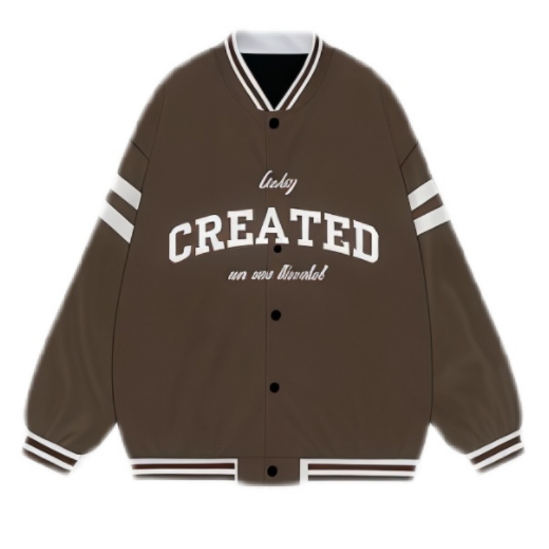 一件棕色熱昇華棒球褸，胸前印有白色「CREATED」字樣及其他設計，袖子有白色條紋。