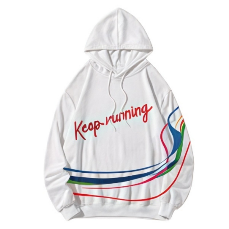 白色熱昇華連帽衛衣，印有「Keep running」字樣及彩色流線圖案