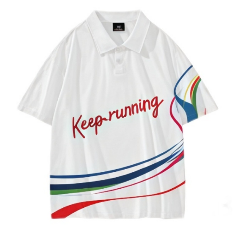 白色熱昇華Polo恤，印有「Keep running」字樣及彩色流線圖案