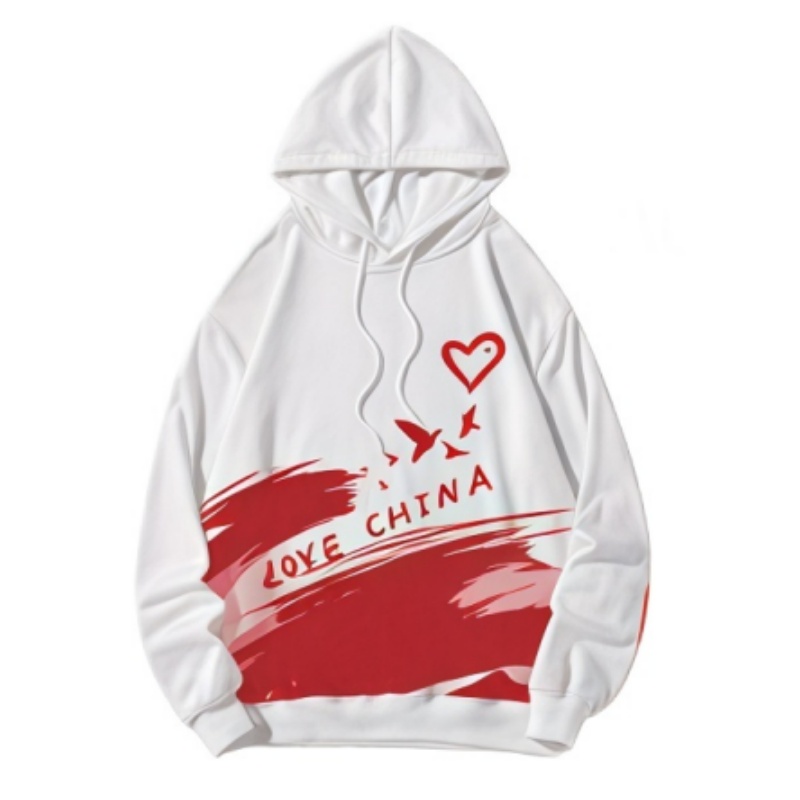 一件白色熱昇華套頭衛衣，胸前印有紅色「LOVE CHINA」字樣、心形圖案和飛鳥圖案。