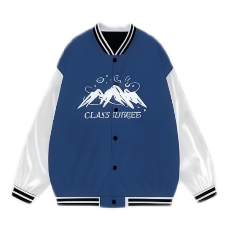 一件藍白撞色、印有山脈和「CLASS THREE」字樣的熱昇華棒球外套。