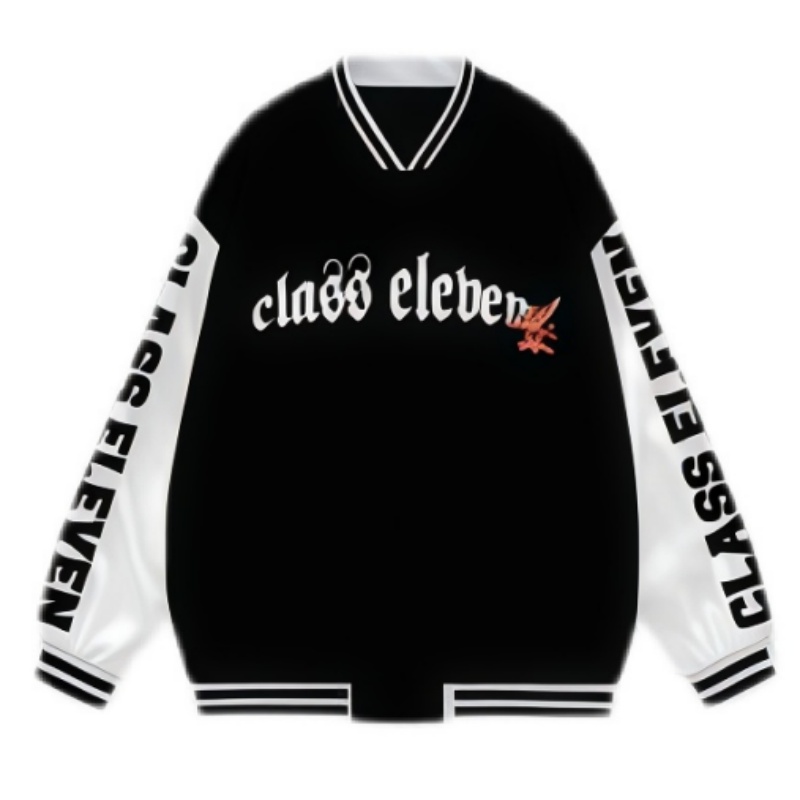 一件黑白配色、印有「CLASS ELEVEN」字樣的熱昇華棒球褸