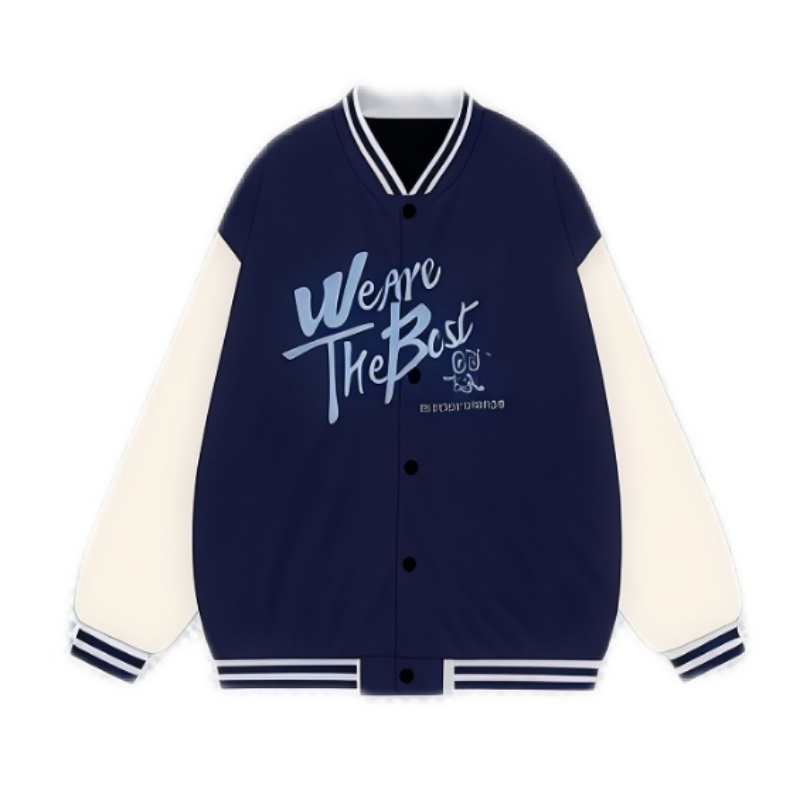 一件深藍色與米白色撞色的熱昇華棒球外套，胸前印有「We are The Best」字樣。