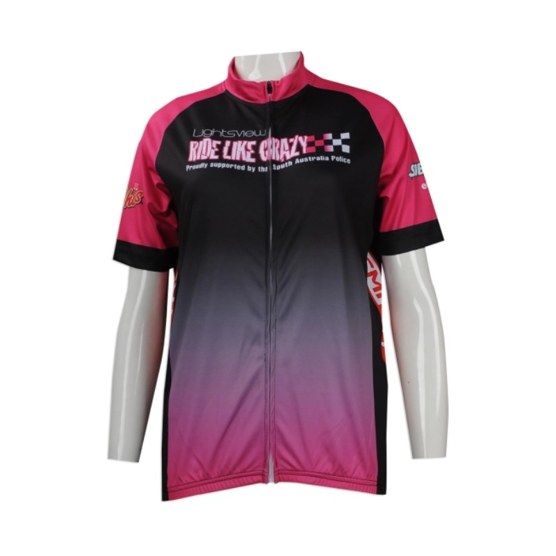 一件黑粉漸變色的熱昇華短袖單車服，正面印有「RIDE LIKE CRAZY」字樣和贊助商標誌。
