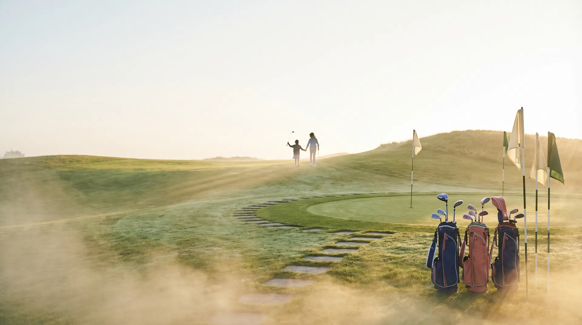 Sunlit junior golf practice area