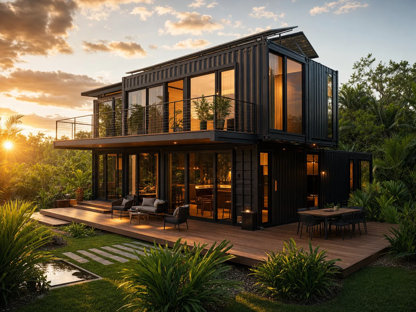 Two-Story Container Home at Sunset