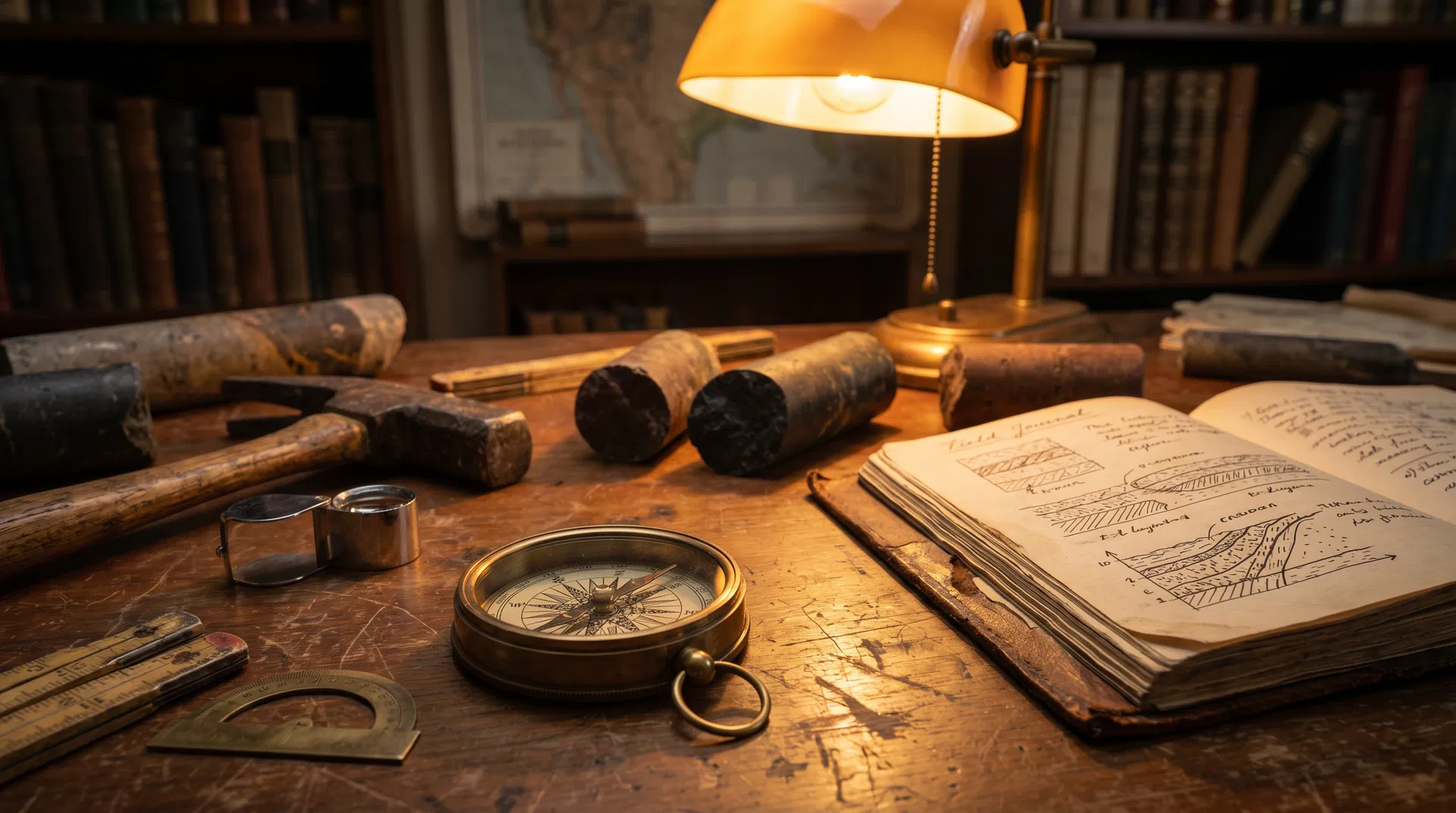 Geologist desk with tools representing due diligence in mineral valuation