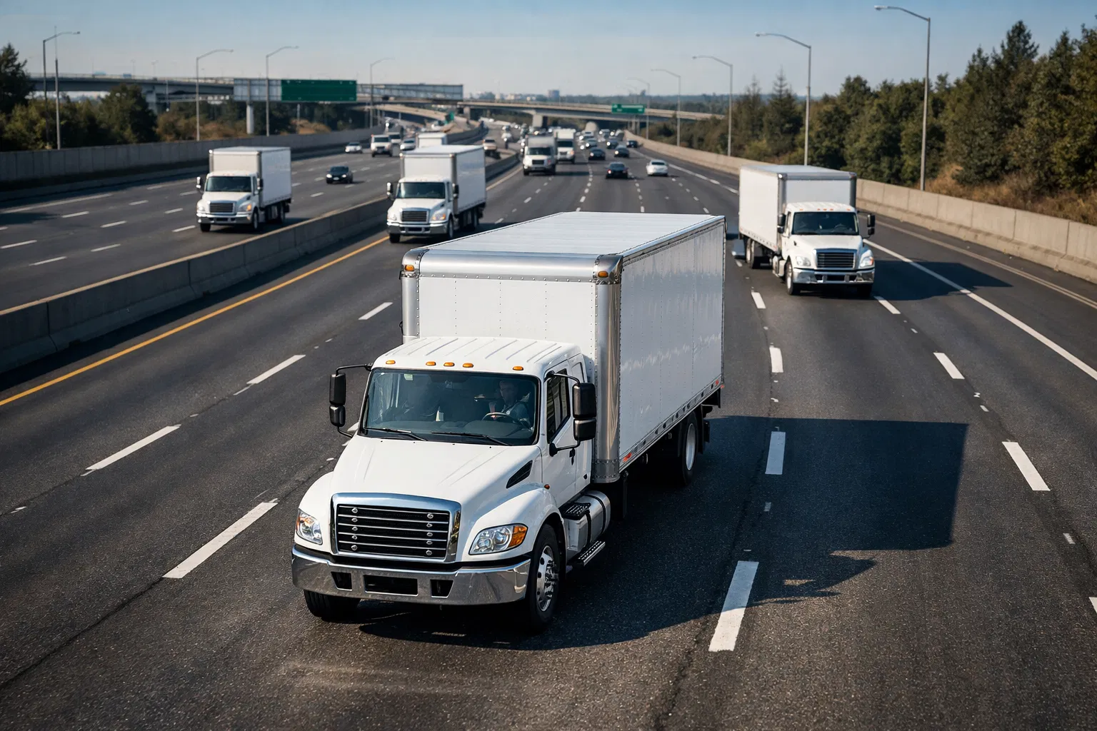 Fleet of professional white box trucks on highway
