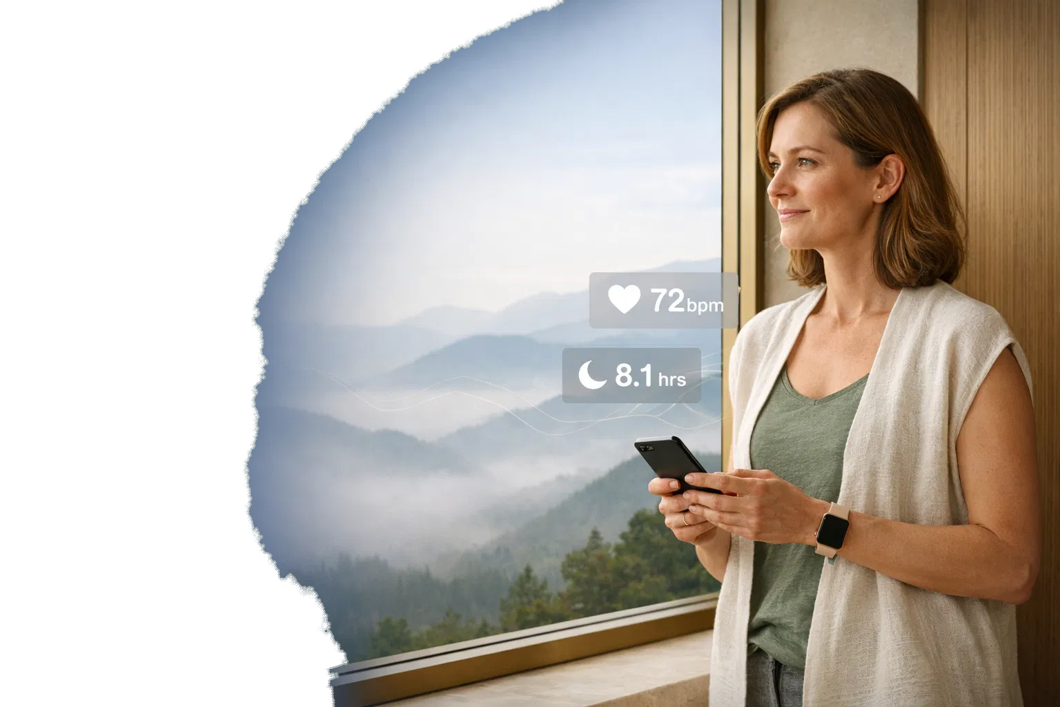 Reliu editorial hero showing a calm wellness setting, wearable-informed health context, and an alpine outlook