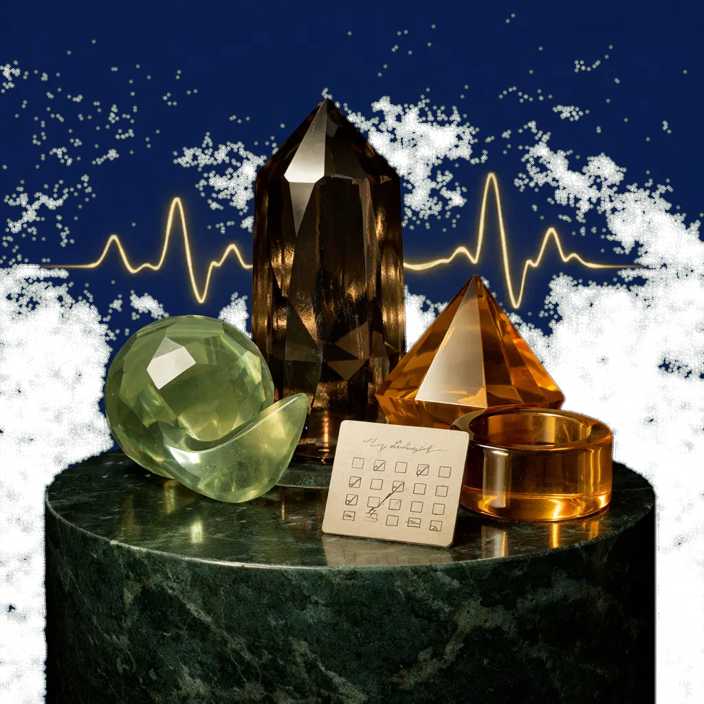 Refined gem objects on a dark pedestal, representing earned milestones and habit ritual