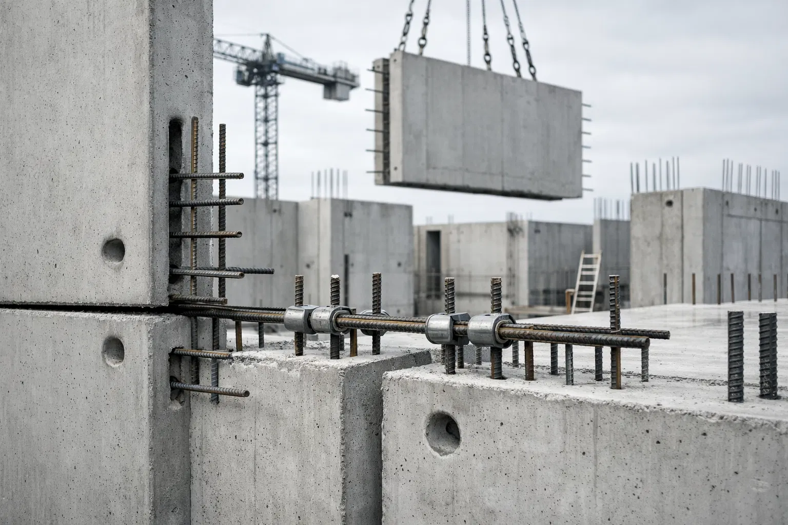 Precast concrete construction with rebar couplers