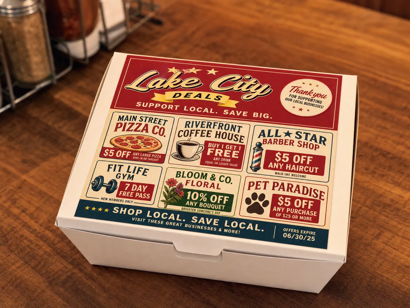 Advertising flyer on a takeout box
