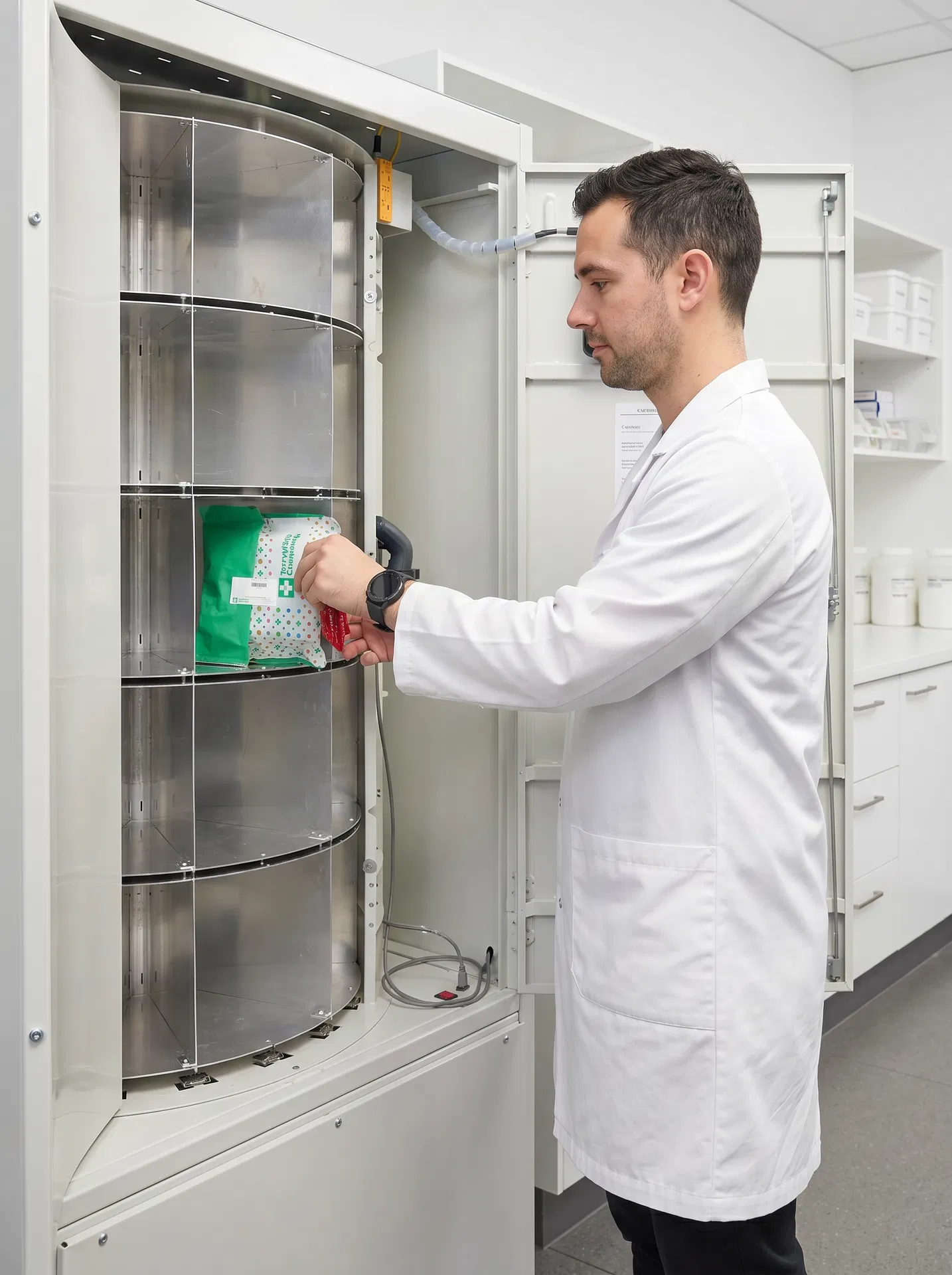 Prescription bag being loaded into the PharmaSelf24™ Compact rotating drum