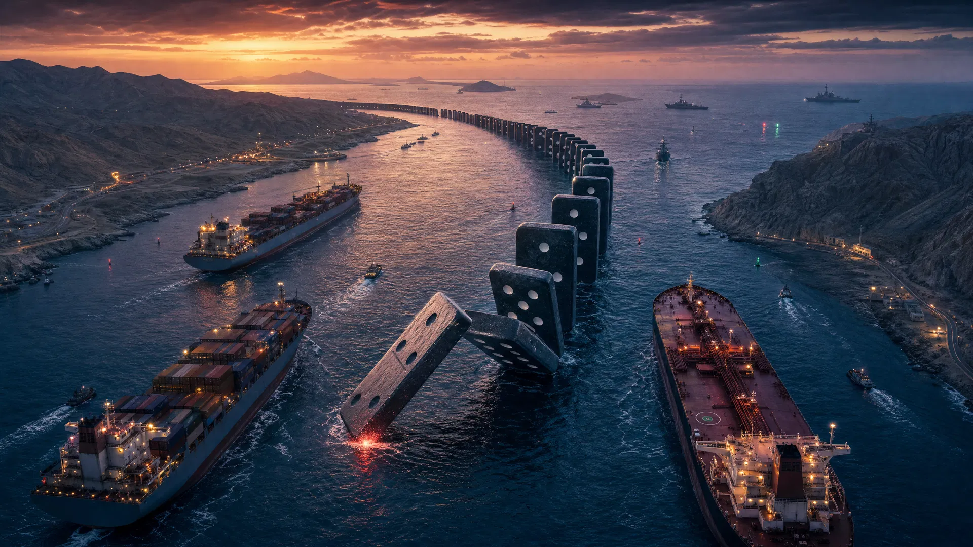Illustration of the Strait of Hormuz with merchant vessels and a domino effect symbolising cascading shocks on energy and global logistics