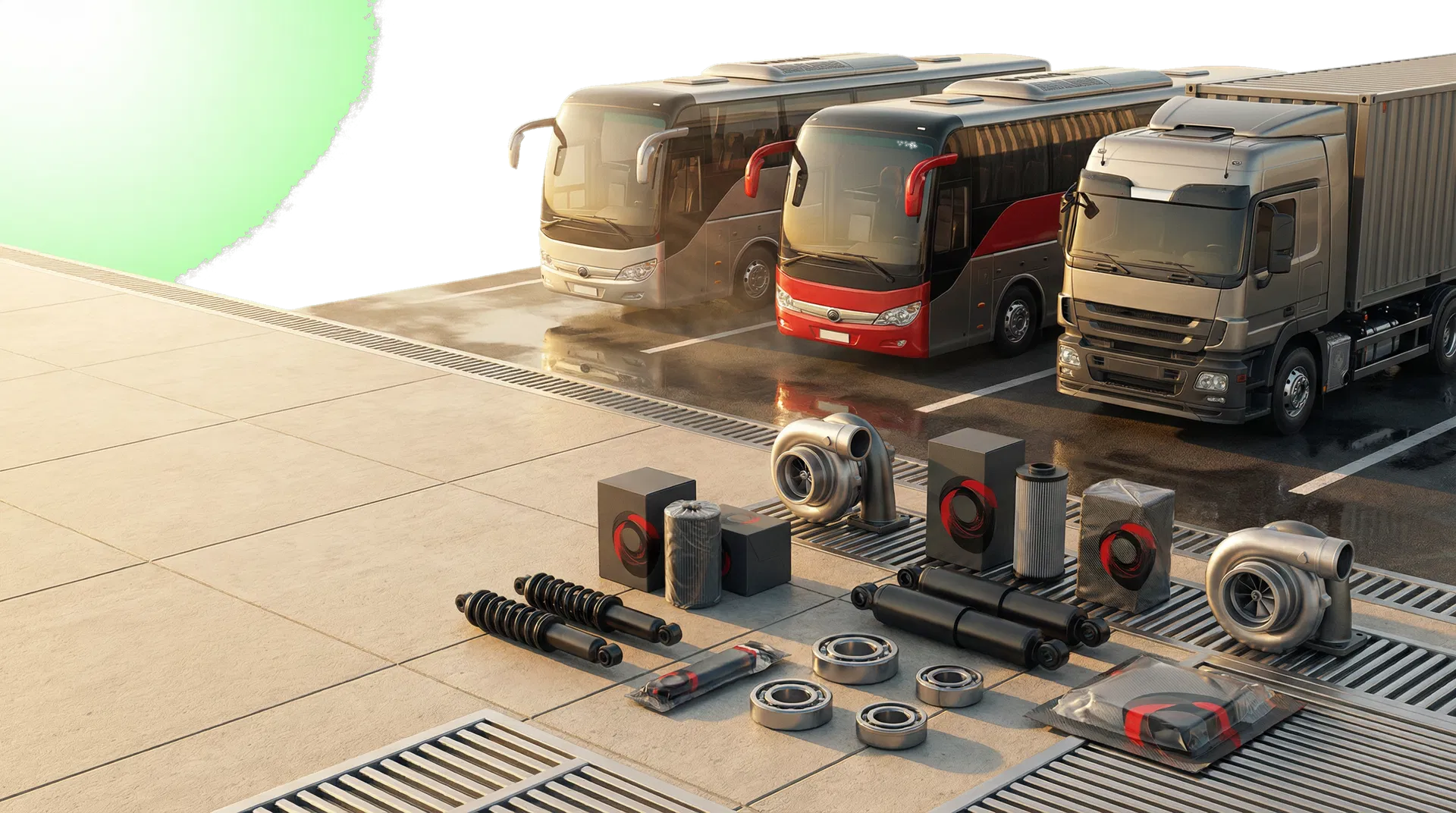 Commercial buses and truck with arranged spare parts