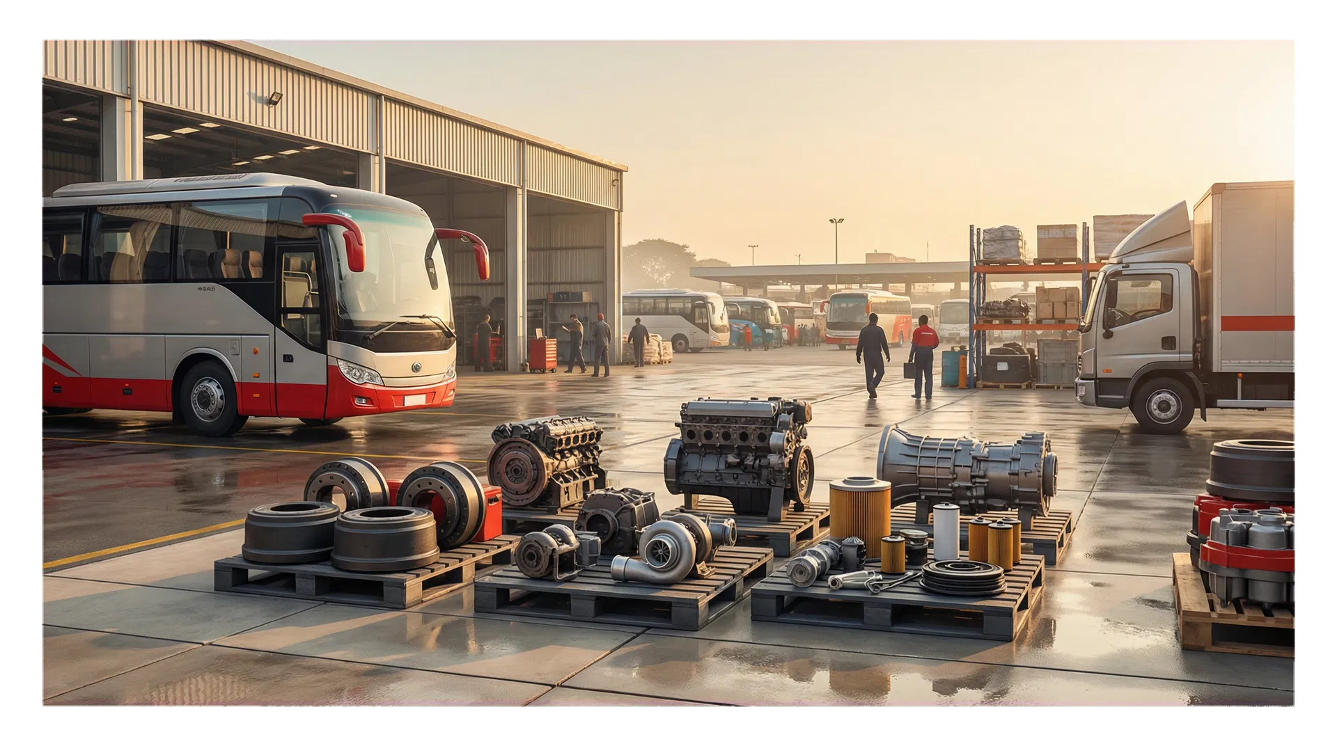 MI Automotive style service yard with buses, truck, and staged spare parts
