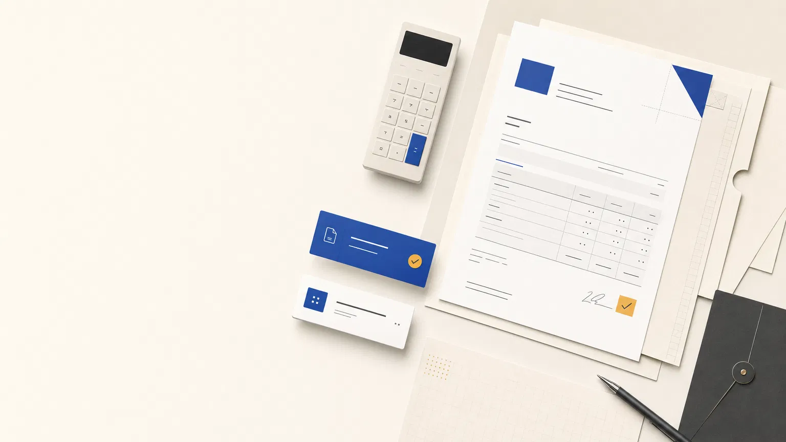 Layered documents, calculator, and utility cards