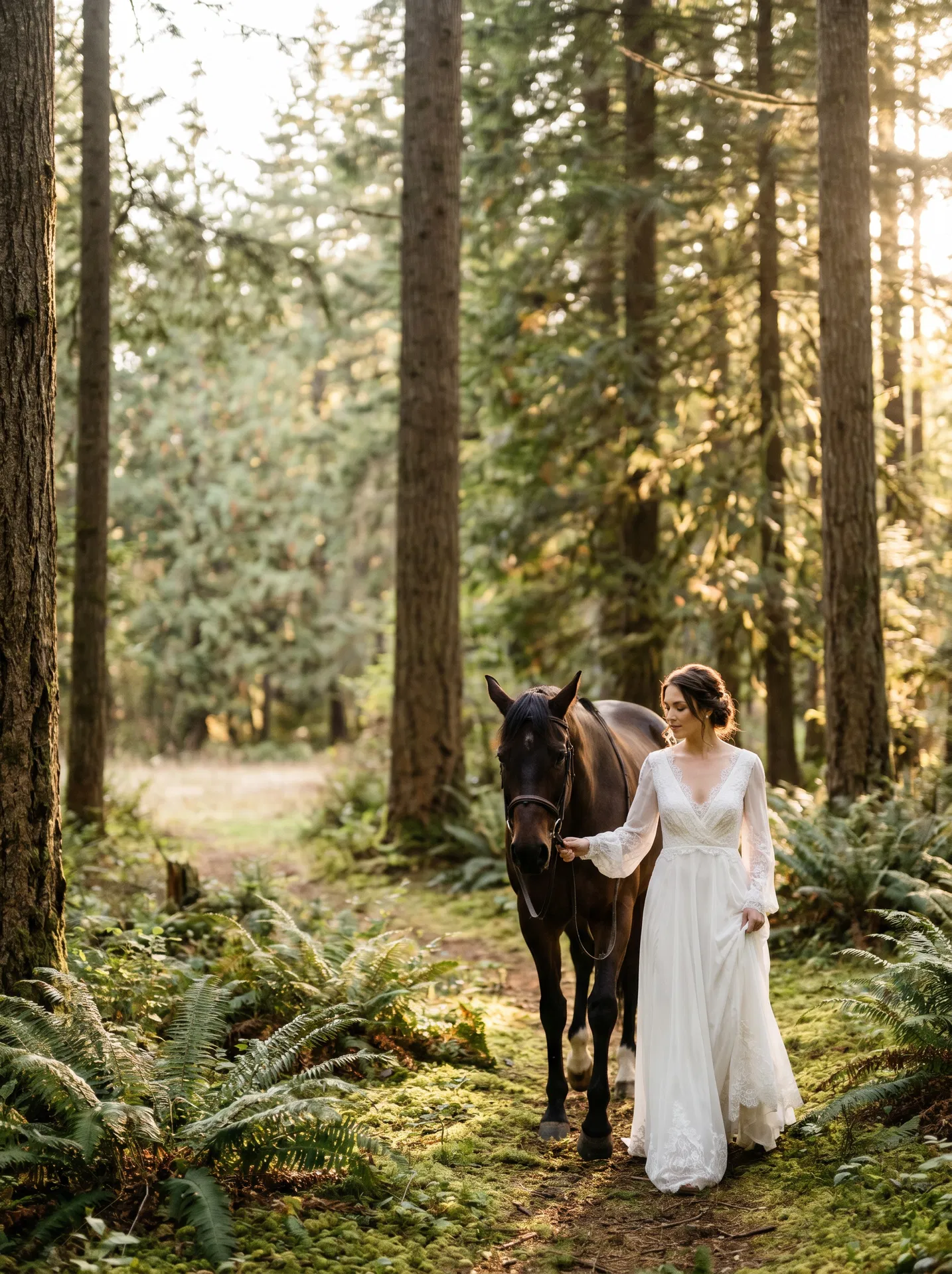 A bride walking with a dark horse through forest light in Vancouver Southlands.