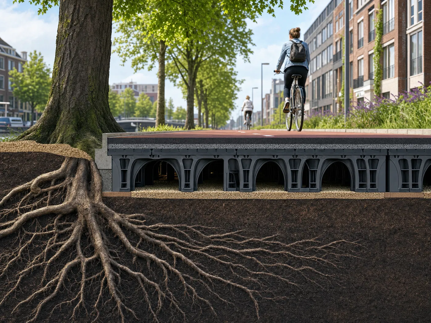 2e maaiveldconstructie wortelbrug TreeParker onder fietspad