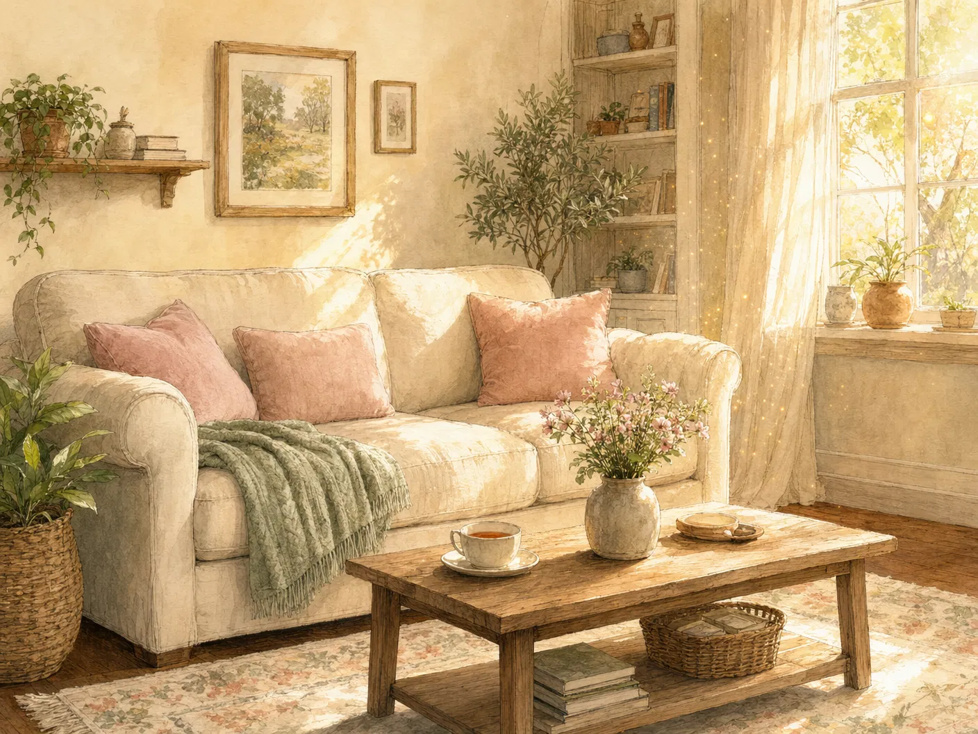 A warm, sunlit living room with soft blush and sage details