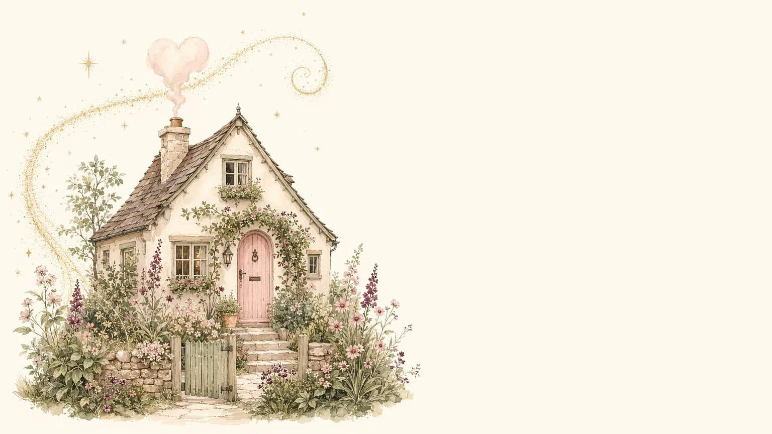 A cozy cottage with a pink door, garden flowers, and a magical sparkle trail