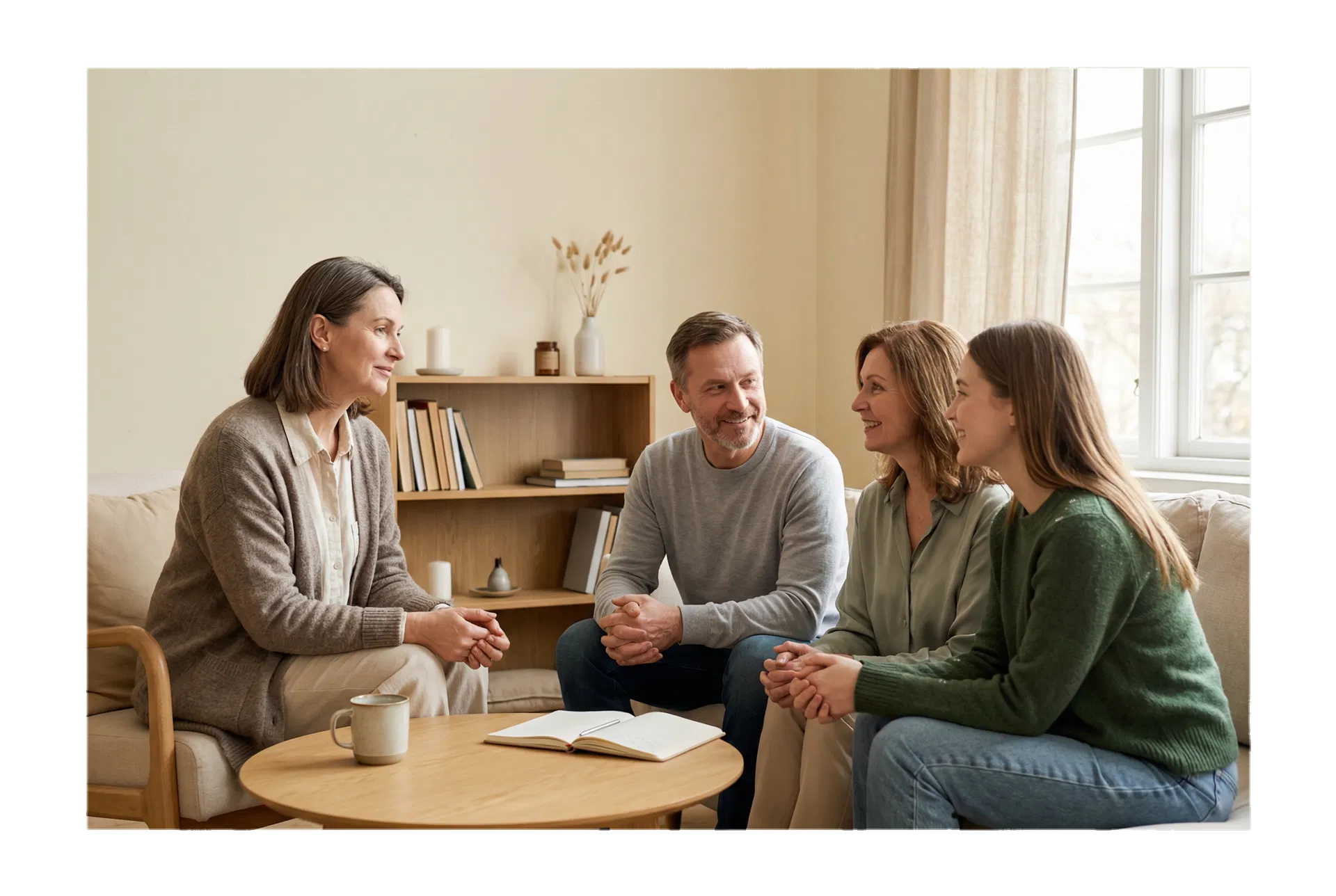 A recovery professional guiding a family conversation in a warm counseling space