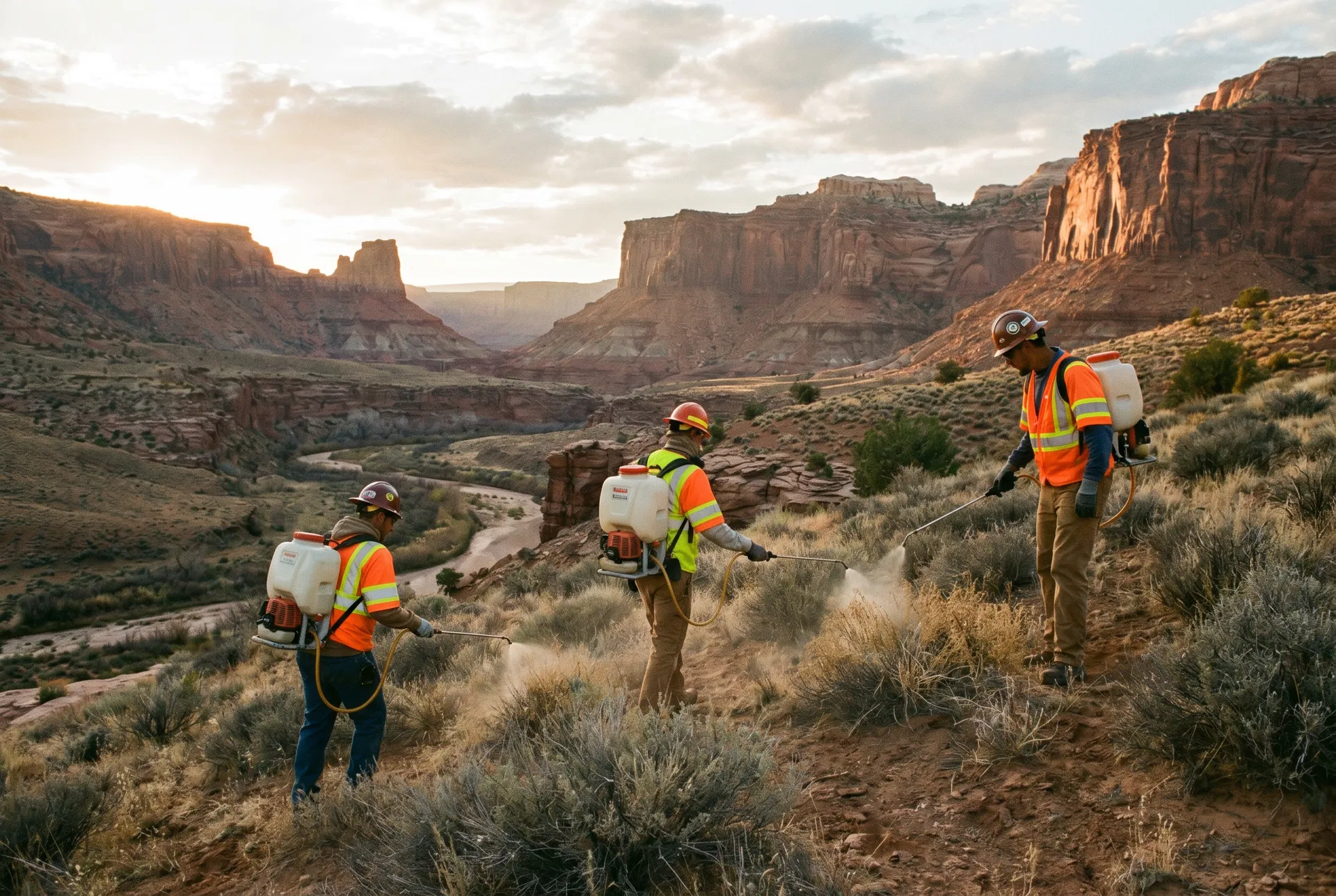 Backpack sprayer crews treating canyon hillsides