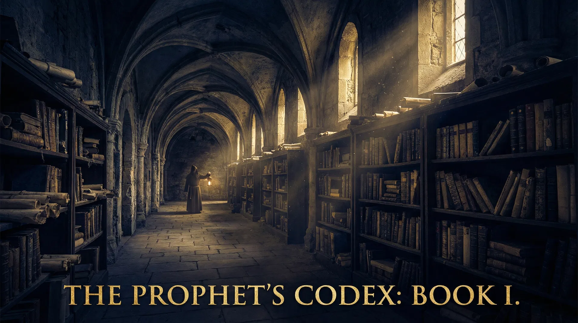 Ancient library with dramatic light