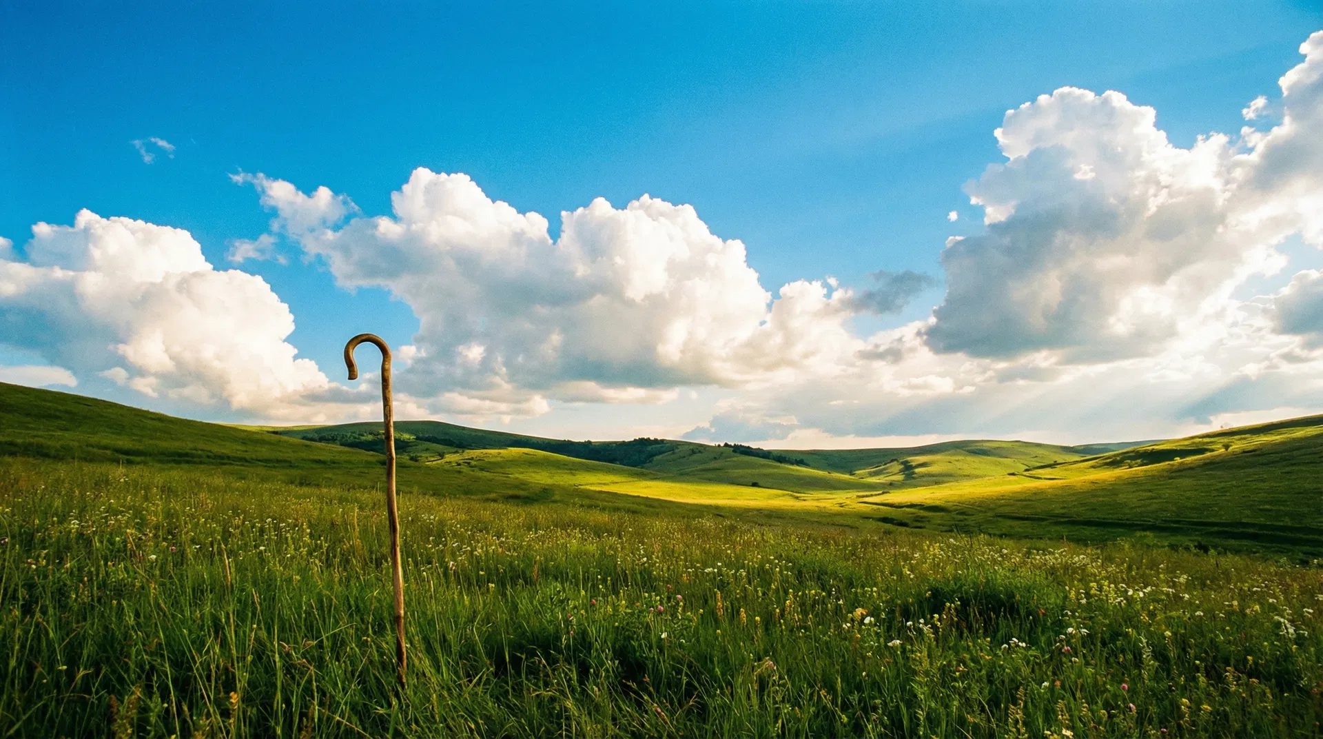 Bright green pastures under blue sky with shepherd's staff