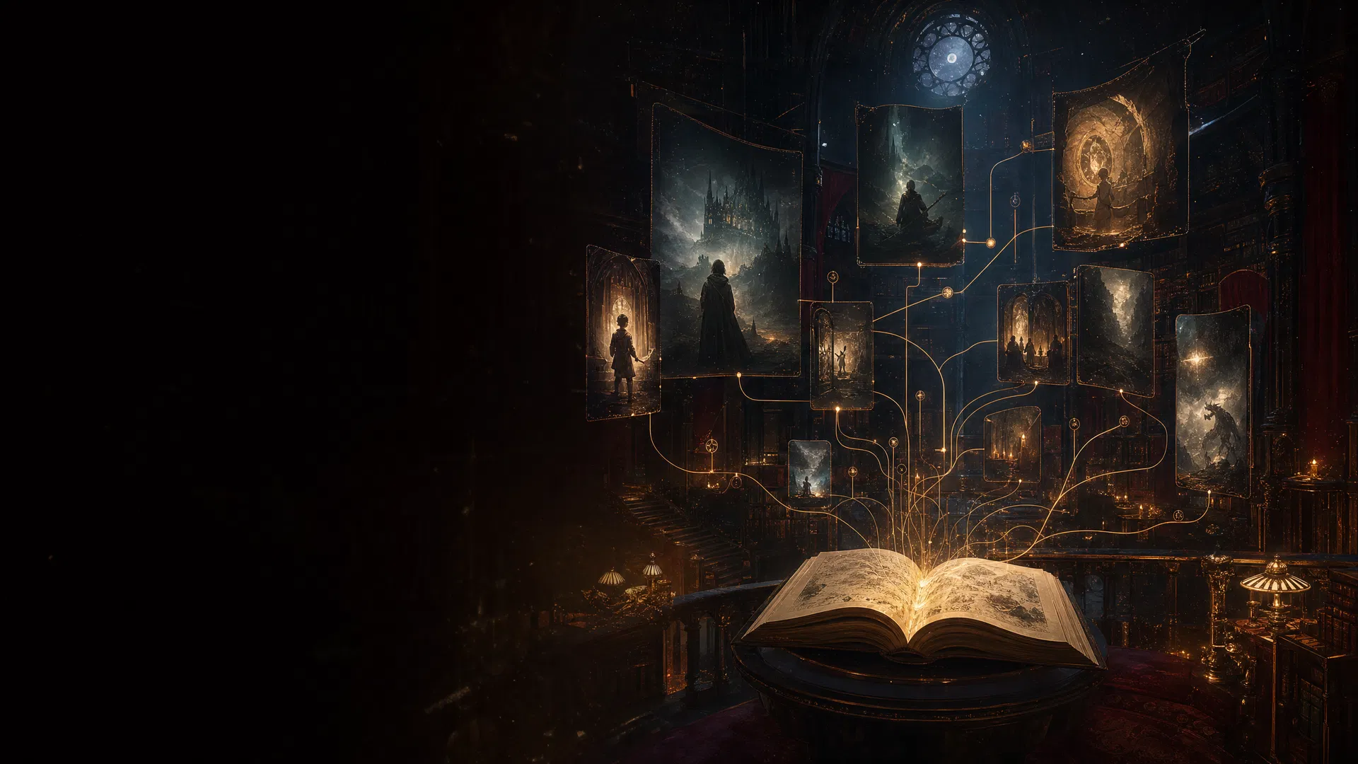 A dark cinematic archive of branching interactive stories