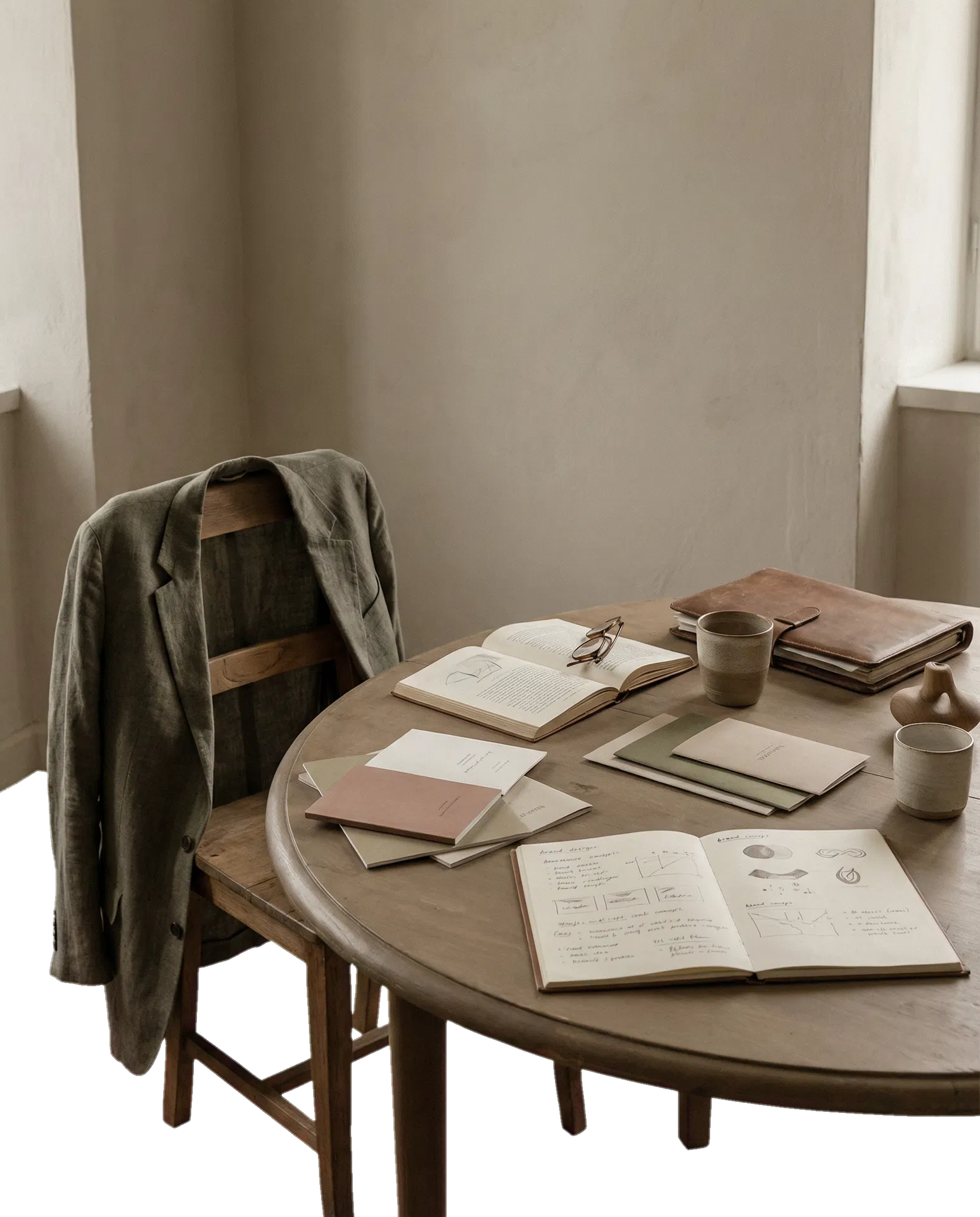 Editorial studio interior with books, notes, and ceramics