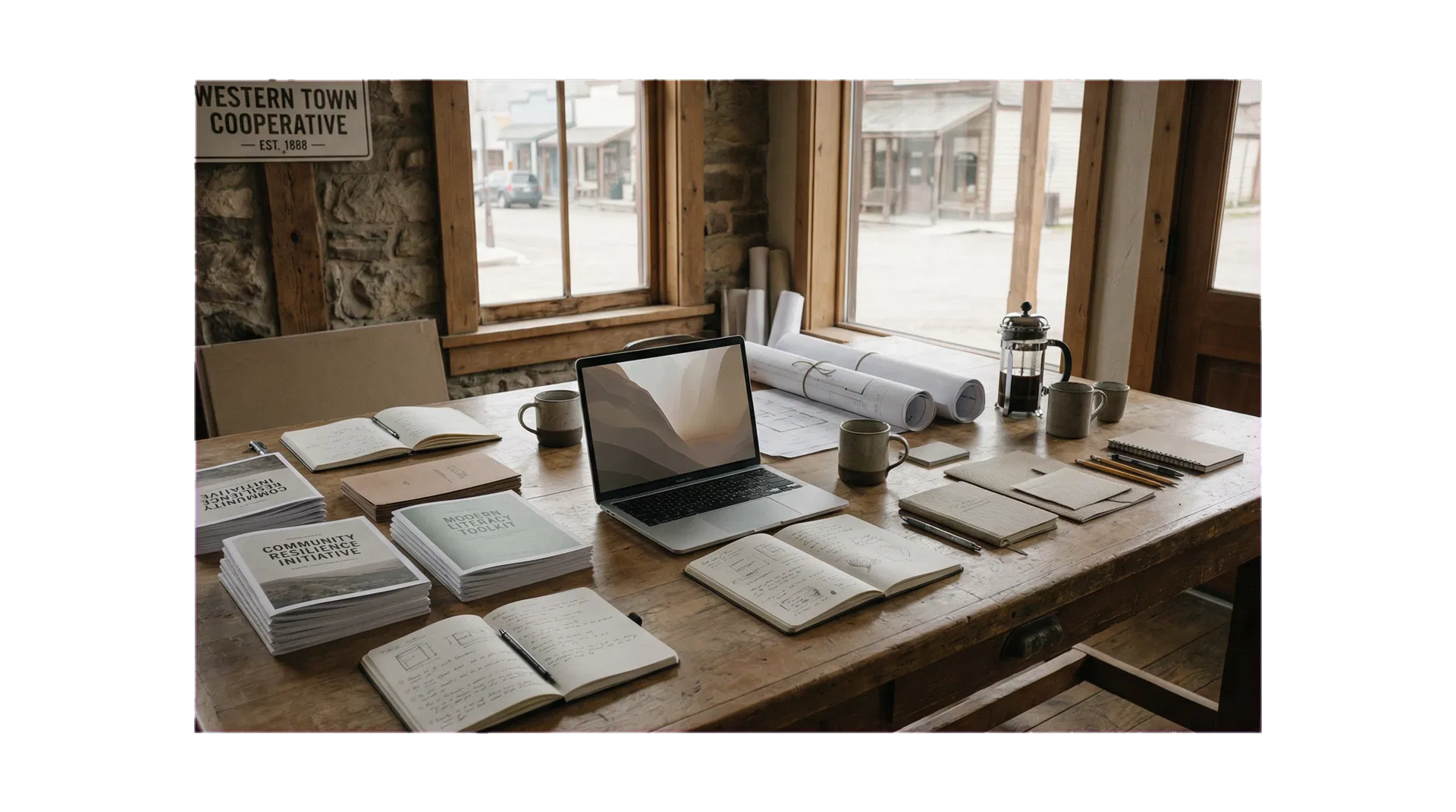 Editorial studio worktable with notebooks and printed materials