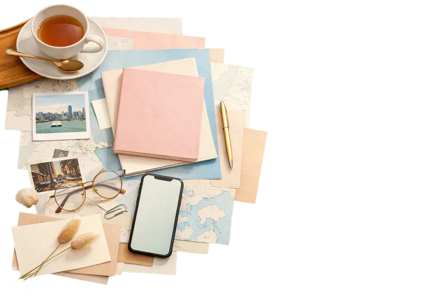 Pastel workspace collage framing the contact section