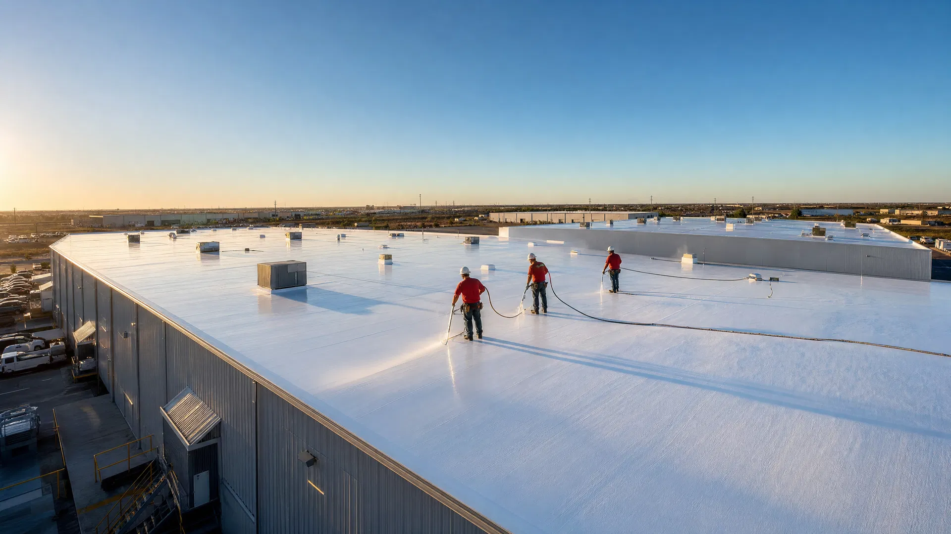 Crew applying white ASTEC Re-Ply roof coating on a large commercial building in West Texas
