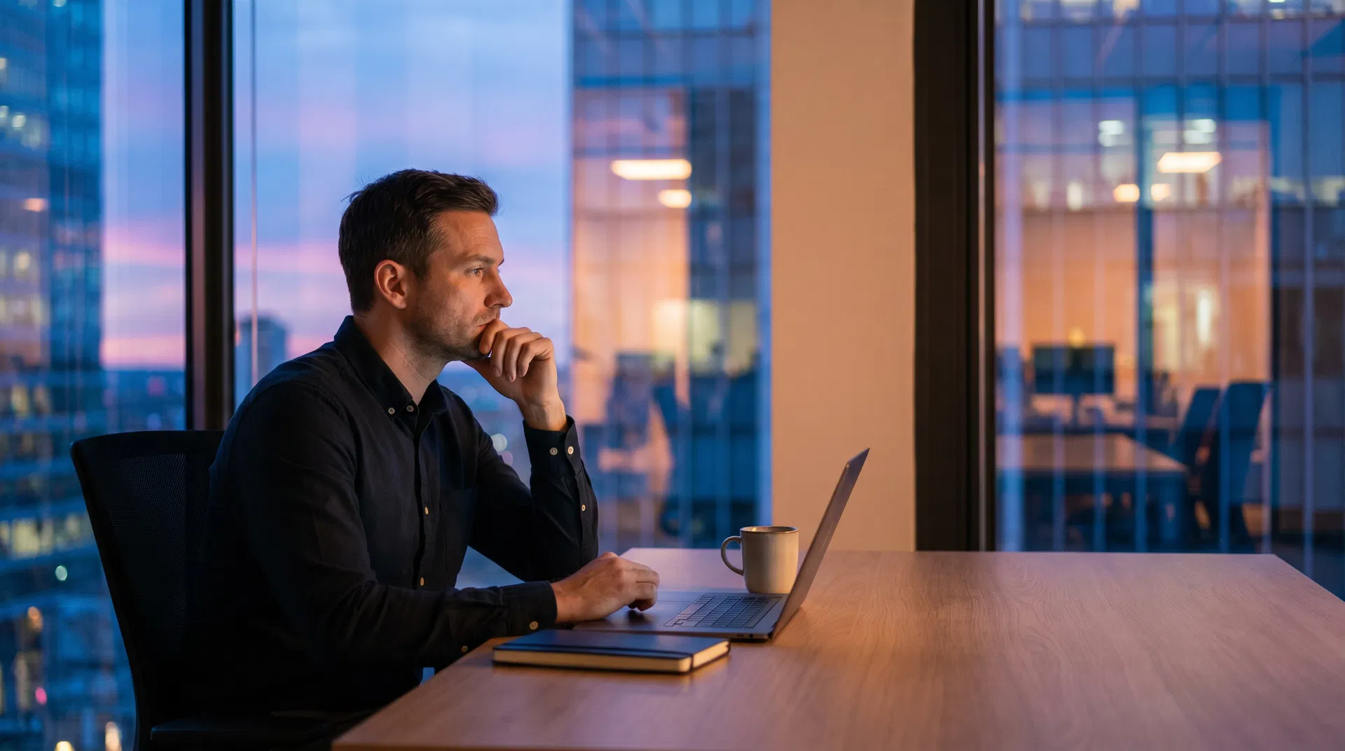 CEO in twilight office contemplating tough decisions