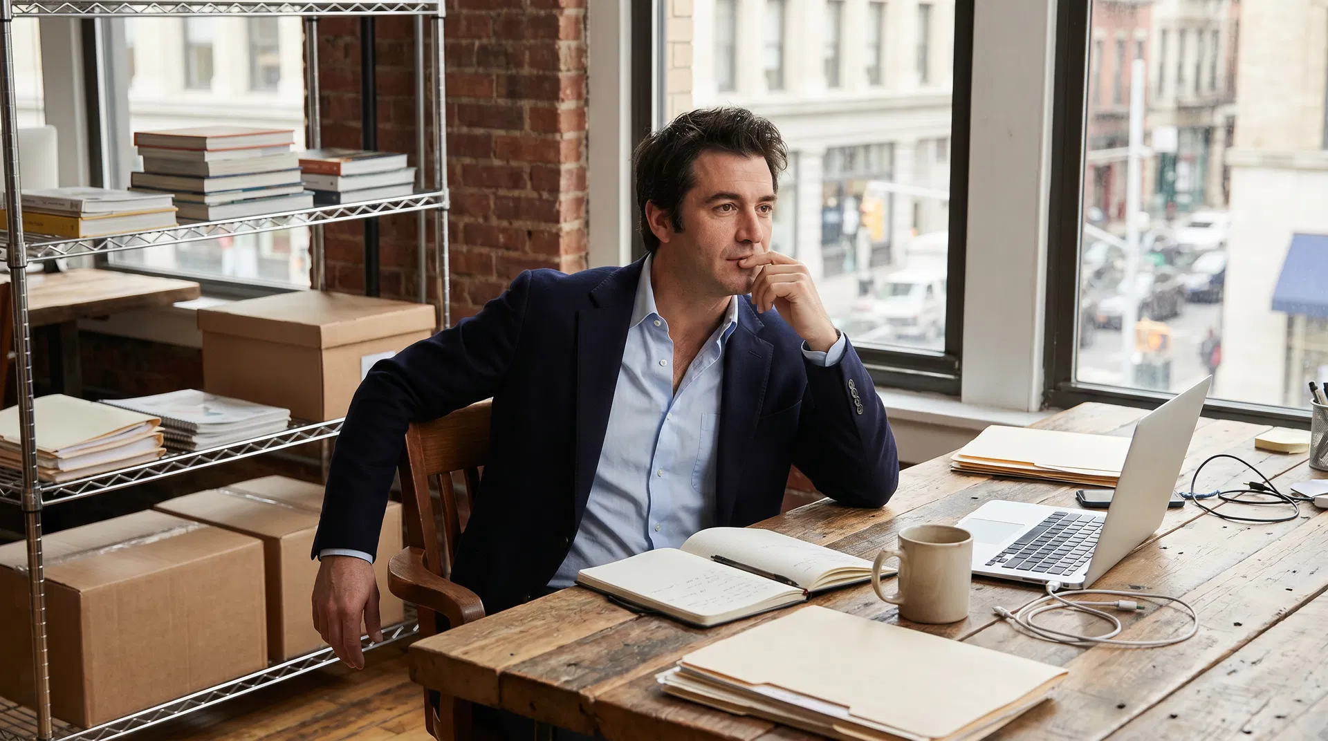 Mature CEO in office with city skyline view, contemplating strategic decisions