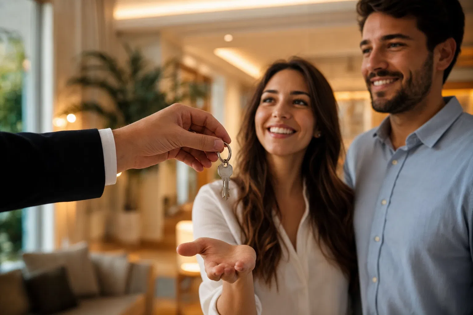 Happy couple receiving keys to their new home
