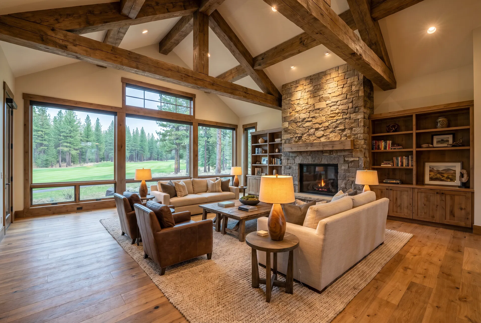 Great Room — Cathedral Beams & Stone Fireplace