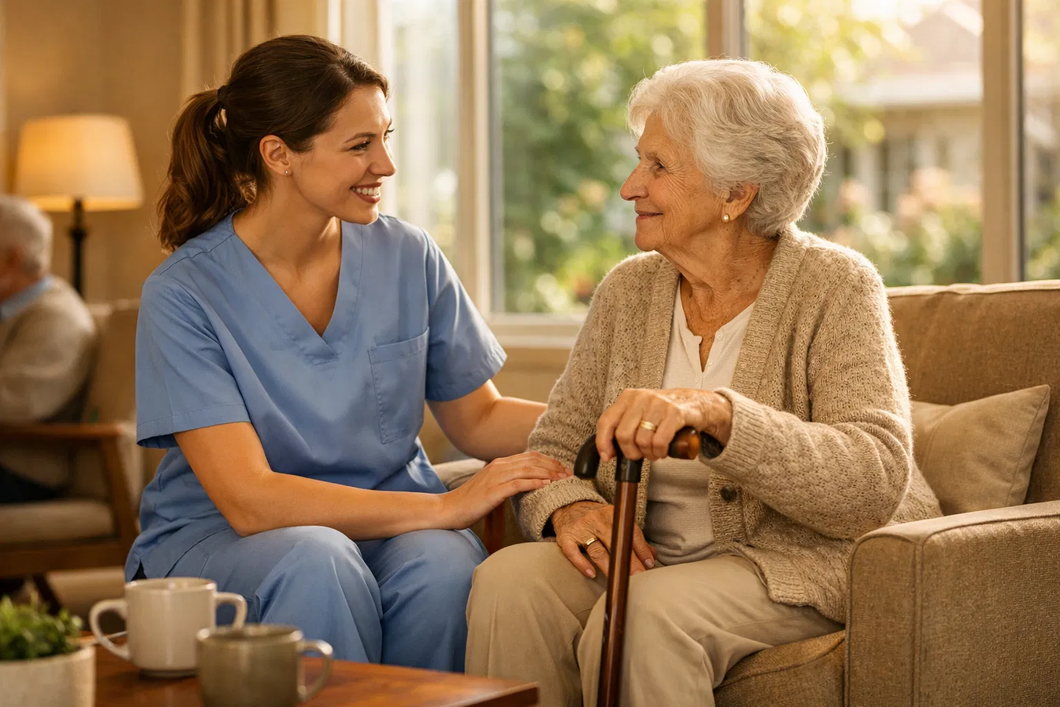 Compassionate caregiver with elderly client